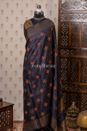 CARBON BLACK EMBROIDERED TUSSAR SAREE