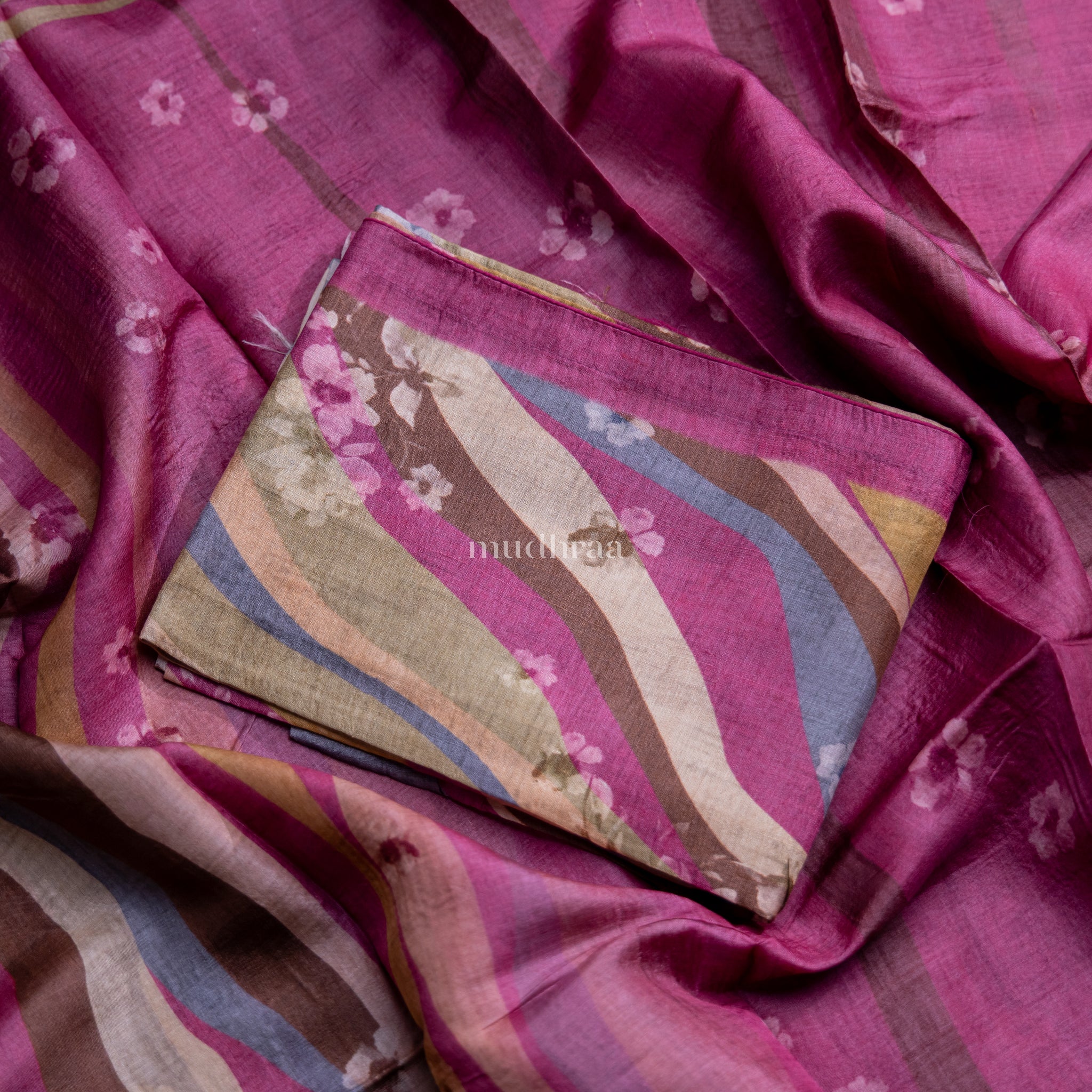 STRIPED FLORAL PRINTED TUSSAR SUIT SET