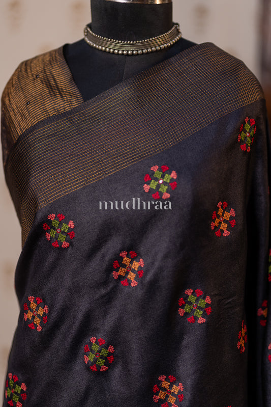 CARBON BLACK EMBROIDERED TUSSAR SAREE