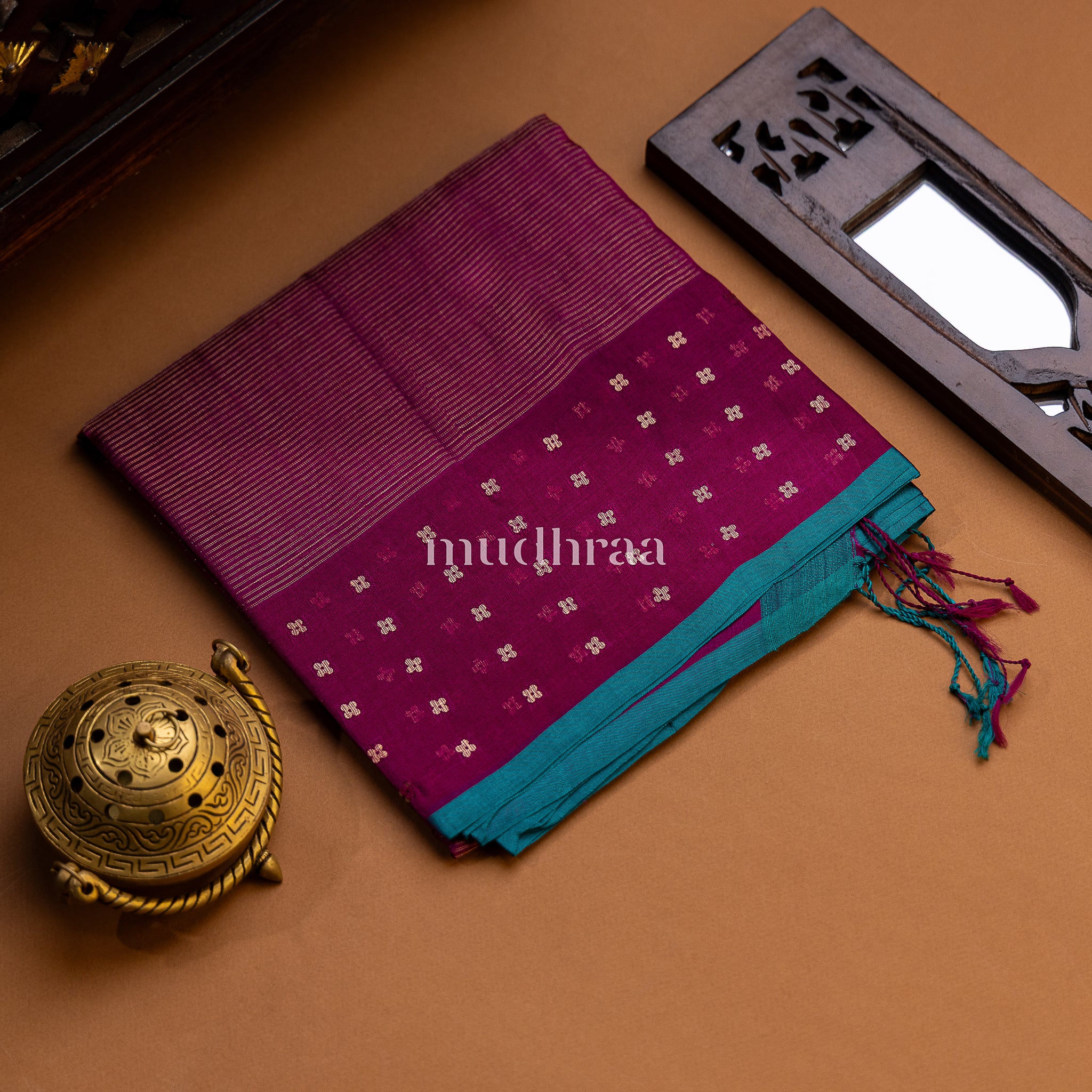 GRAPE & PERSIAN BLUE RAW SILK HANDWOVEN SEQUIN DUPATTA