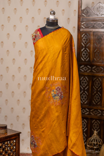 MUSTARD & MAROON APPLIQUE TUSSAR SAREE