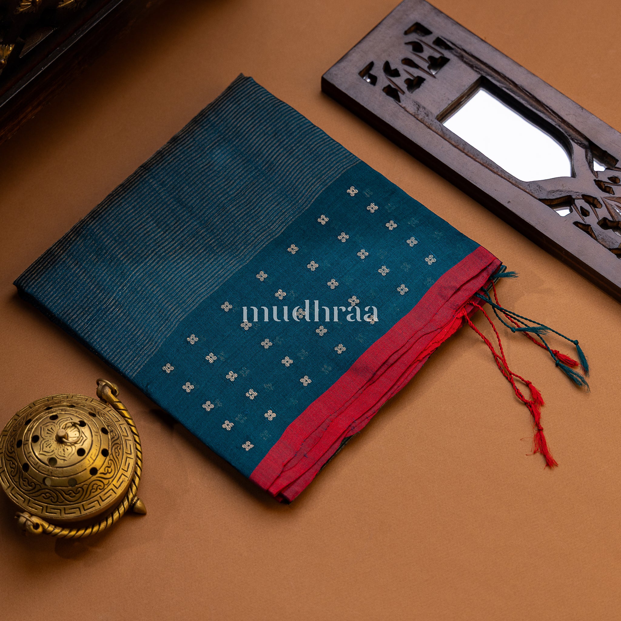 DARK JADE & SCARLET RAW SILK HANDWOVEN SEQUIN DUPATTA