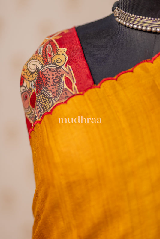 MUSTARD & MAROON APPLIQUE TUSSAR SAREE