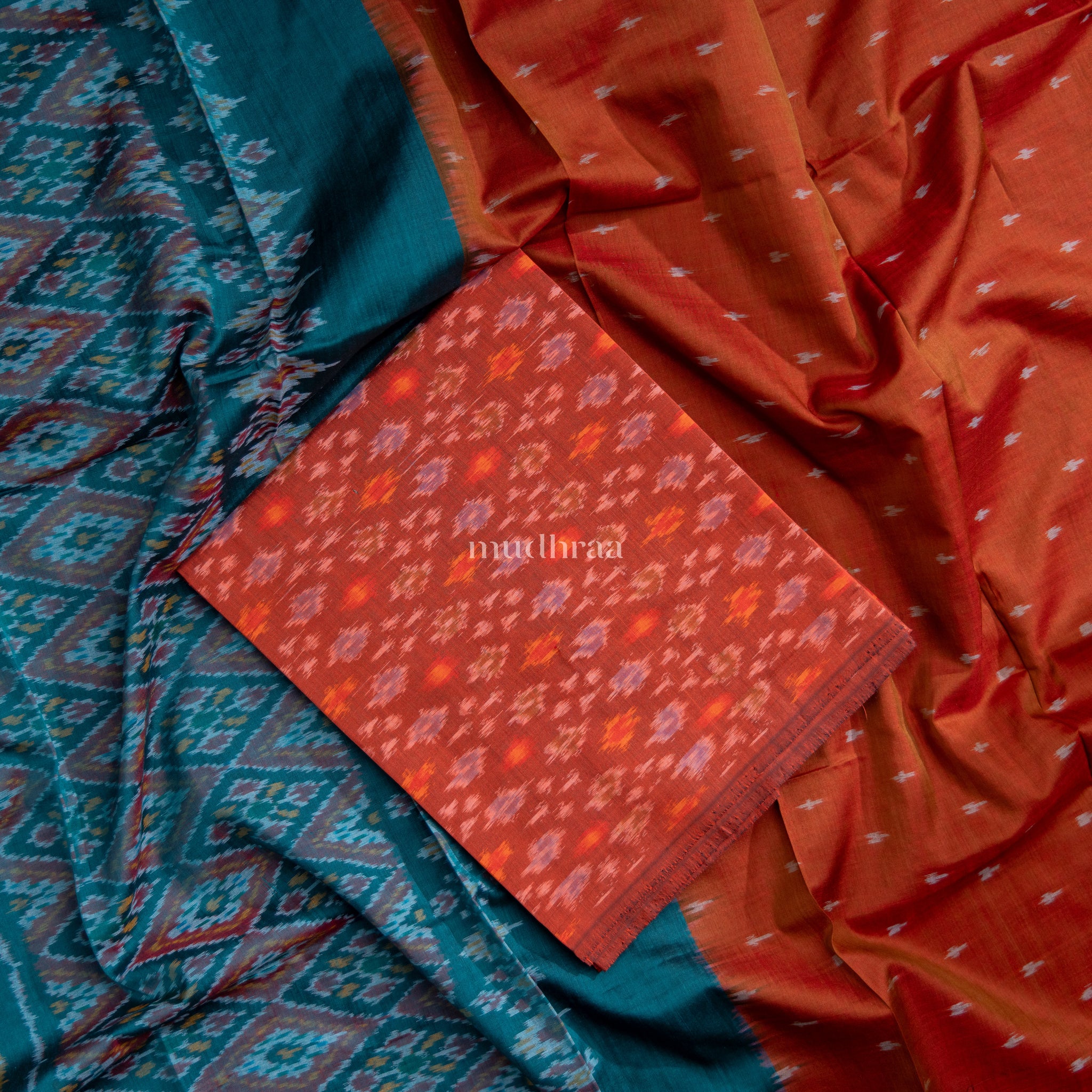 BROWN & TEAL HANDWOVEN IKKAT SUIT SET