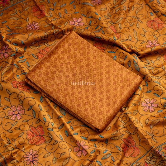 MUSTARD CHANDERI KANTHA SUIT SET