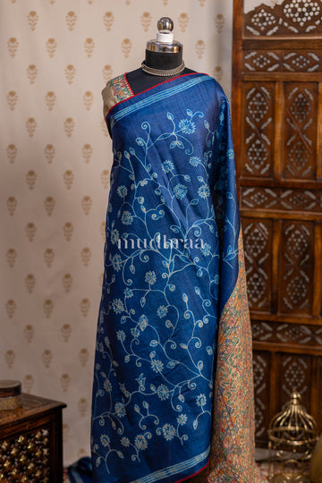 COBALT BLUE SHIBORI-MADHUBANI TUSSAR SAREE
