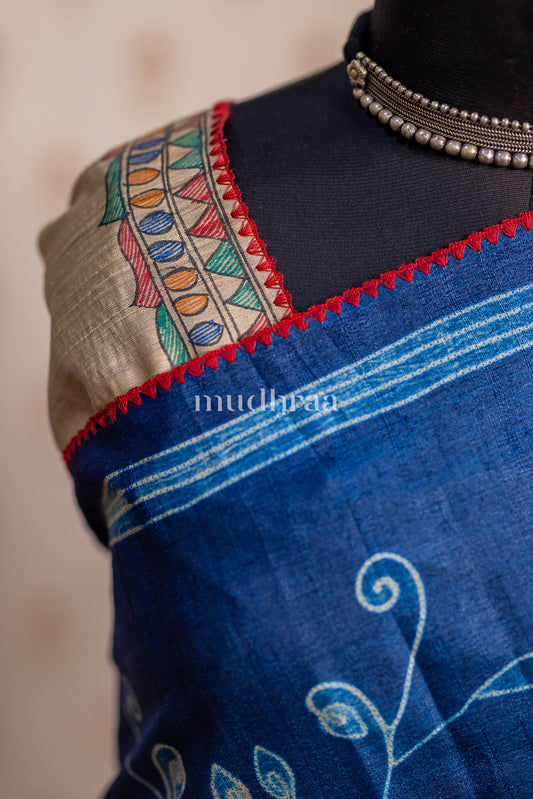 COBALT BLUE SHIBORI-MADHUBANI TUSSAR SAREE