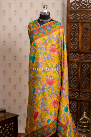 GOLDEN YELLOW KALAMKARI KUTCH WORK TUSSAR SAREE