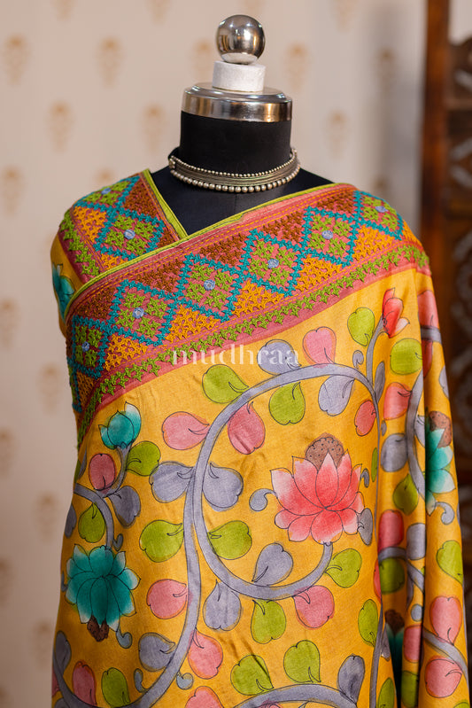 GOLDEN YELLOW KALAMKARI KUTCH WORK TUSSAR SAREE