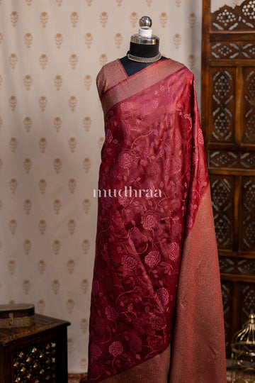 MAROON ROSE EMBROIDERED TUSSAR SAREE