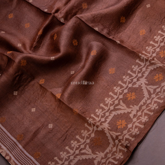 COFFEE BROWN HANDWOVEN JAMDANI TUSSAR SILK SAREE
