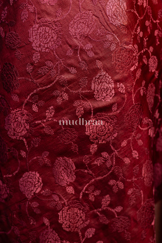 MAROON ROSE EMBROIDERED TUSSAR SAREE