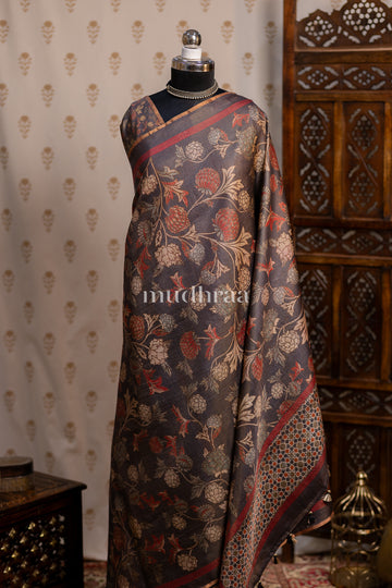 DARK SLATE ZARI-CHECKED PRINTED TUSSAR SAREE