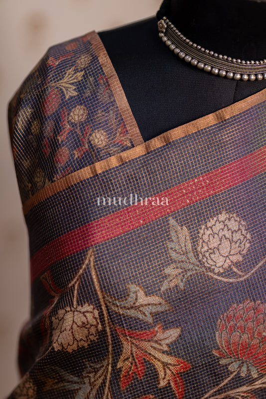 DARK SLATE ZARI-CHECKED PRINTED TUSSAR SAREE