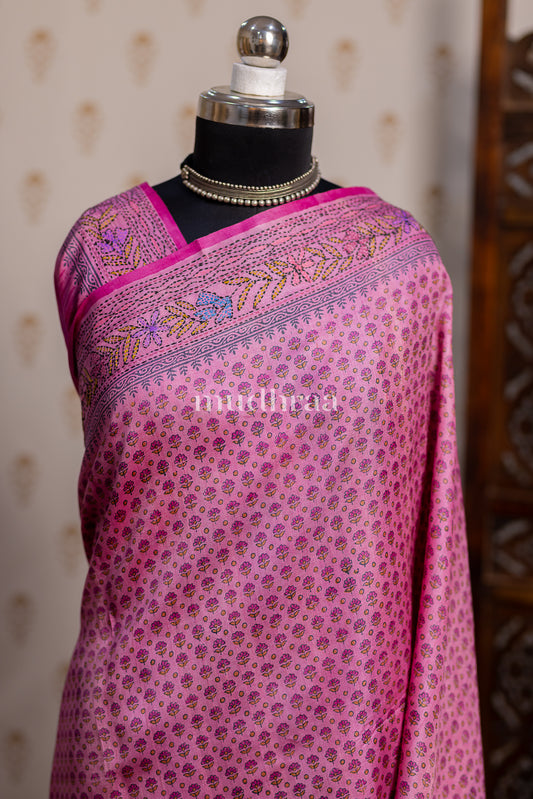 BLOSSOM PINK KANTHA TUSSAR SAREE