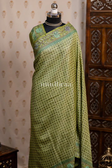 PEAR GREEN KANTHA TUSSAR SAREE