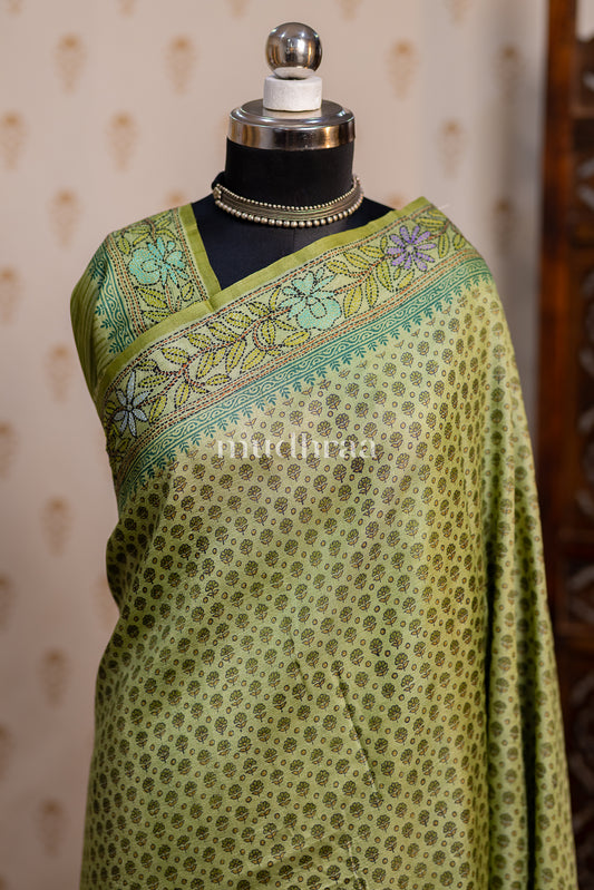 PEAR GREEN KANTHA TUSSAR SAREE