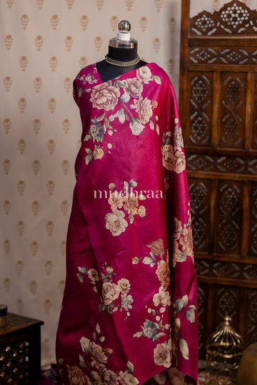PURPLE FLORAL PRINTED TUSSAR SAREE