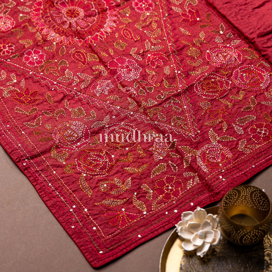 RUBY RED KANTHA TUSSAR SAREE