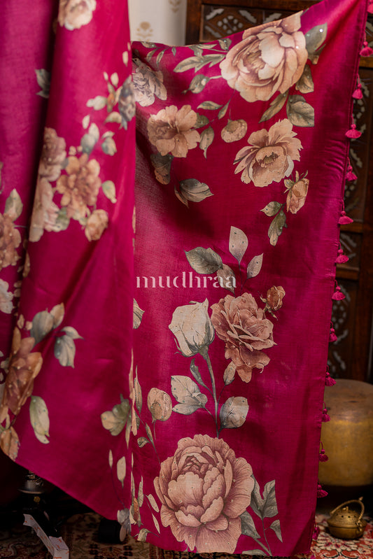 PURPLE FLORAL PRINTED TUSSAR SAREE