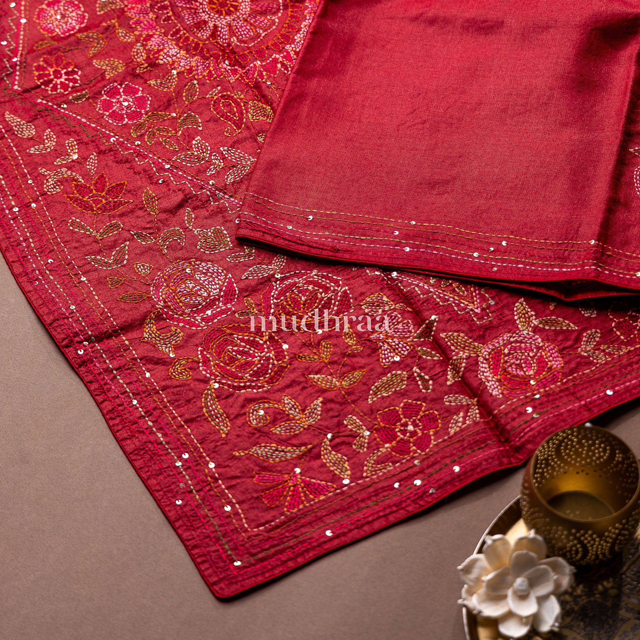 RUBY RED KANTHA TUSSAR SAREE