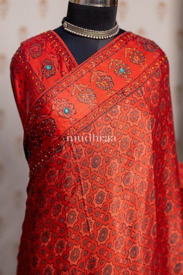 CRIMSON RED EMBROIDERED MODAL SILK SAREE