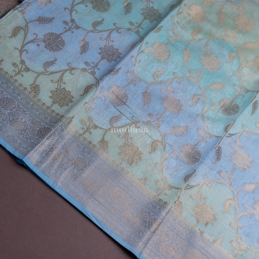 BLUE GREEN RANGKHAT CHANDERI SILK SAREE