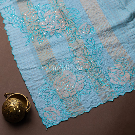 BABY BLUE APPLIQUE-ZARI CHECKED TUSSAR SAREE