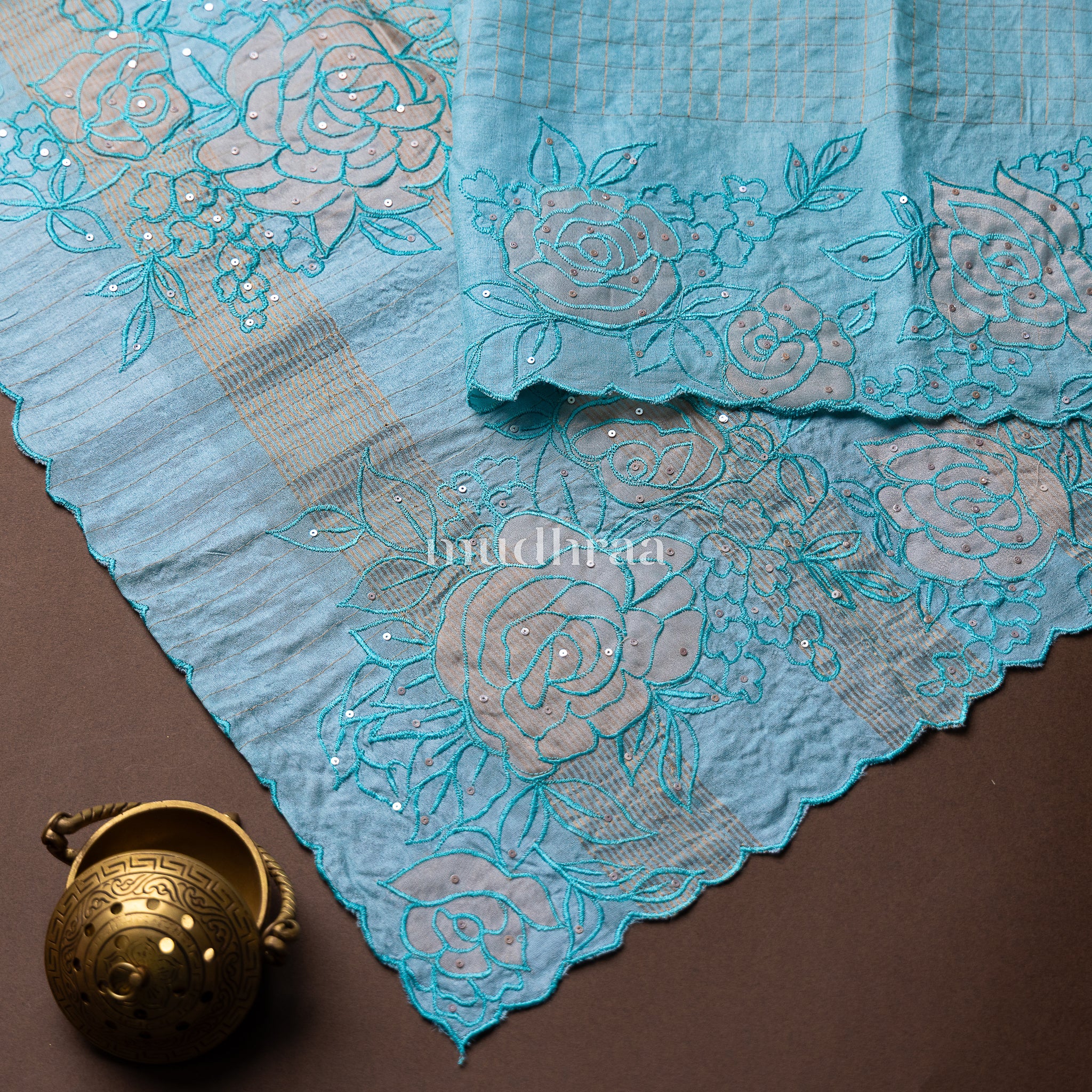 BABY BLUE APPLIQUE-ZARI CHECKED TUSSAR SAREE