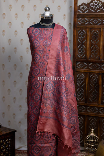 BRICK RED AJRAKH TUSSAR SUIT SET