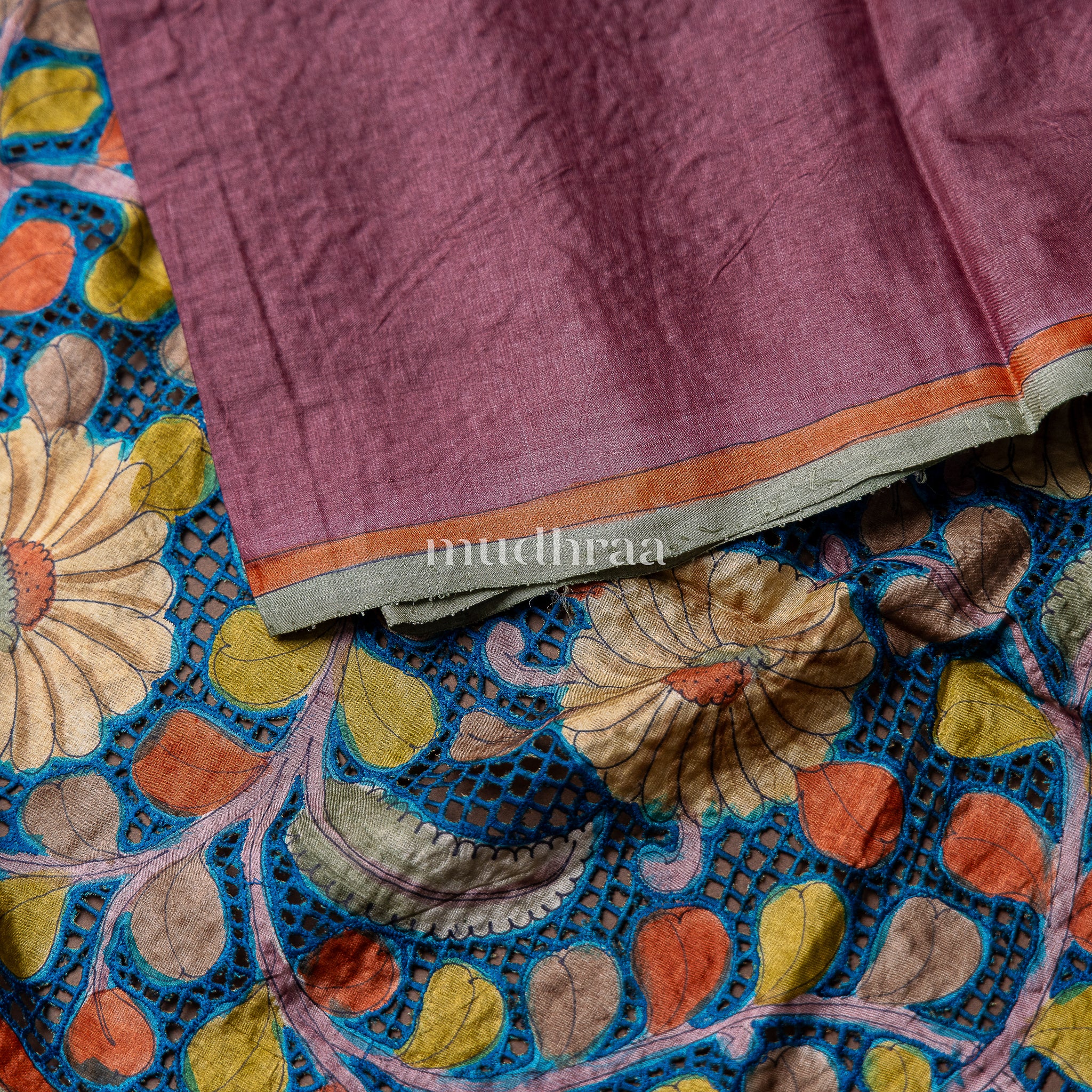 WINE & BLUE KALAMKARI CUT WORK TUSSAR SAREE