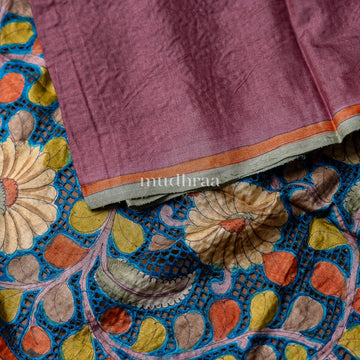 WINE & BLUE KALAMKARI CUT WORK TUSSAR SAREE