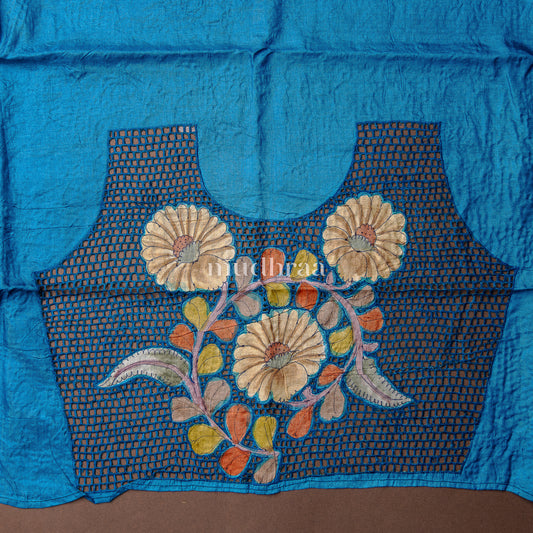 WINE & BLUE KALAMKARI CUT WORK TUSSAR SAREE