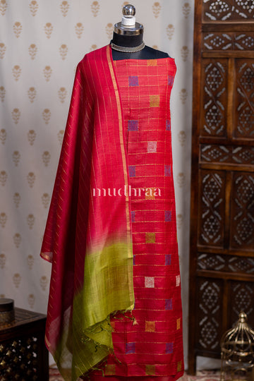 CHERRY PINK & GREEN TUSSAR SUIT SET
