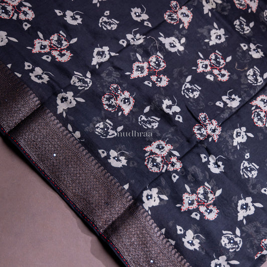 COAL FLORAL KANTHA CHANDERI SAREE