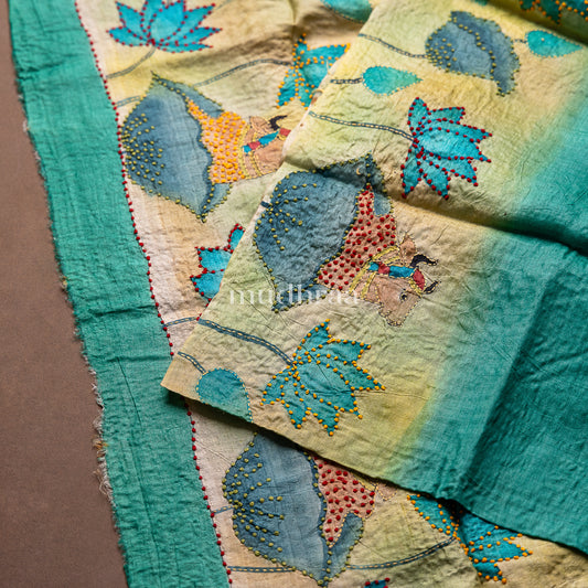 AQUA & LEMON PICHWAI-FRENCH KNOT TUSSAR SAREE