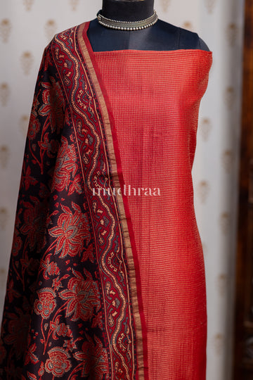 RUST ZARI CHECKED AJRAKH CHANDERI SUIT SET