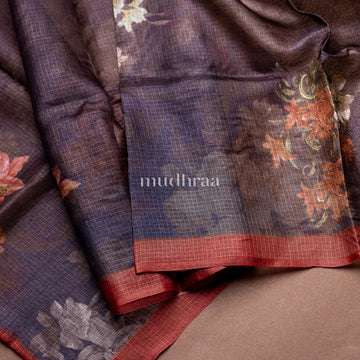 DARK GREY & BRICK PRINTED KOTA TUSSAR SAREE