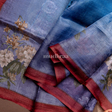 AZURE BLUE PRINTED KOTA TUSSAR SAREE