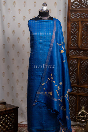 COBALT BLUE APPLIQUE TUSSAR SUIT SET