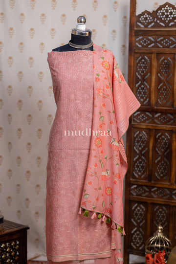 FLAMINGO PINK EMBROIDERED PICHWAI CHANDERI SUIT SET