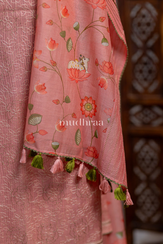 FLAMINGO PINK EMBROIDERED PICHWAI CHANDERI SUIT SET