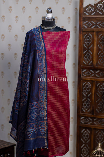 MAROON ZARI CHECKED AJRAKH CHANDERI SUIT SET