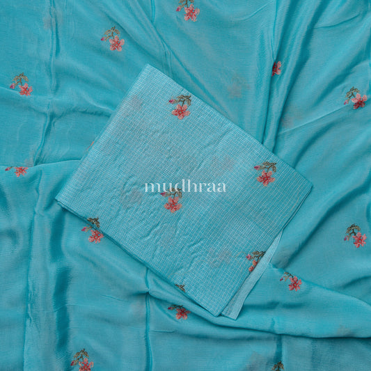 AQUA BLUE CROSS-STITCH KOTA TUSSAR SUIT SET