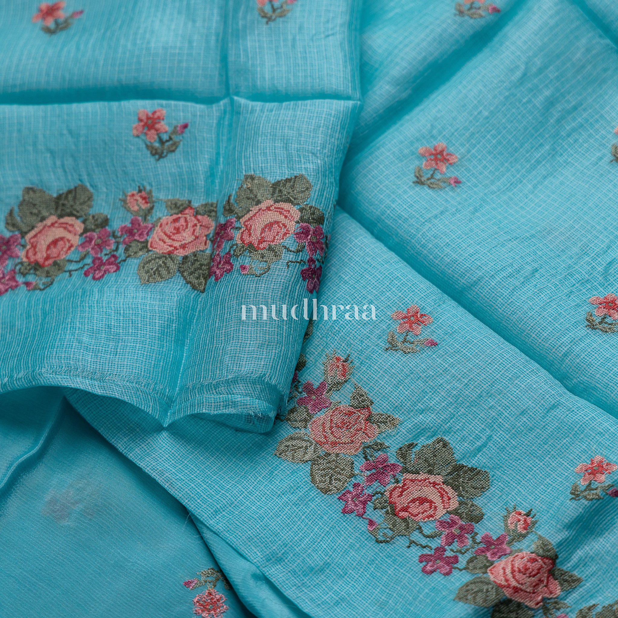 AQUA BLUE CROSS-STITCH KOTA TUSSAR SUIT SET