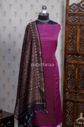 PURPLE ZARI CHECKED AJRAKH CHANDERI SUIT SET