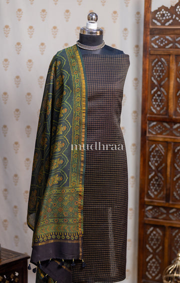 BLACK ZARI CHECKED AJRAKH CHANDERI SUIT SET
