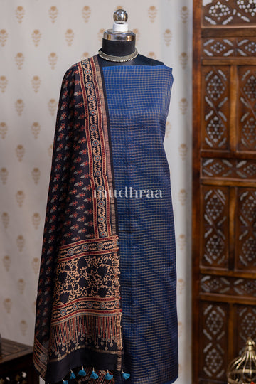 NAVY ZARI CHECKED AJRAKH CHANDERI SUIT SET