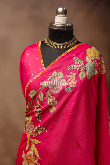 ROUGE PINK EMBROIDERED TUSSAR SAREE
