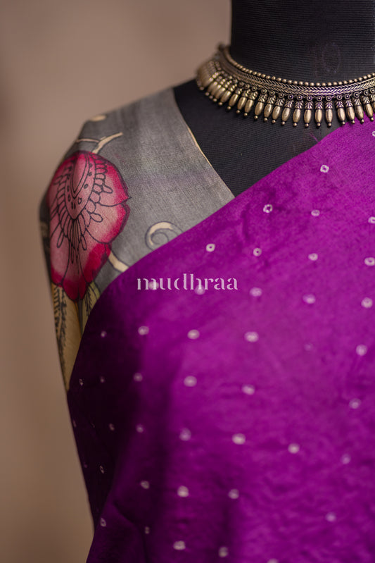 ELECTRIC VIOLET BANDHANI-KALAMKARI TUSSAR SAREE